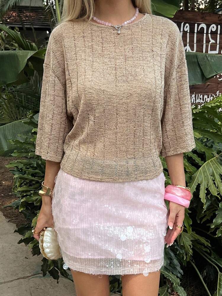 DAZY Top de punto de cuello redondo versátil y casual para mujer, moda de vacaciones para uso diario - Marrón - Añade 1