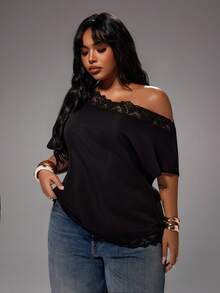 Rustia Blusa de hombro asimétrico con encaje de contraste para primavera/verano en talla grande - Negro - Ver 4