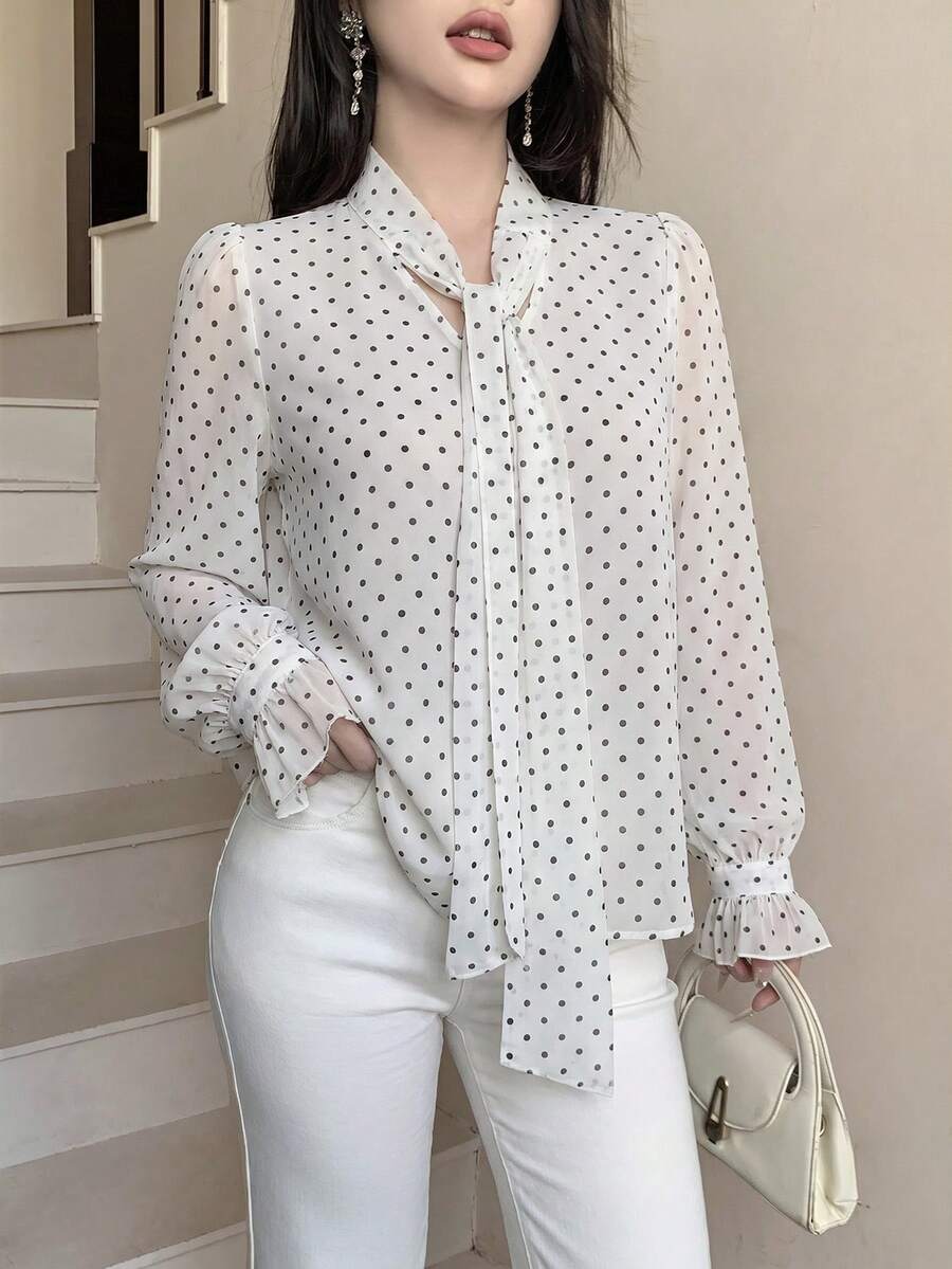 Modelyn 法式溫柔風蝴蝶結長袖秋季顯瘦優雅粉色女款襯衫 - 黑與白 - 查看 1