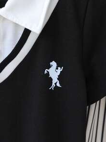 2件組小男孩套裝，兒童針織舒適 Polo 短袖 2合1，時尚潮流小圖案點綴，為幼童增添精緻感，搭配卡其色休閒長褲，彈性腰部設計，寬鬆版型，適合各種秋季場合，如度假、日常出遊等 - 彩色 - 查看 5
