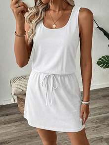SHEIN LUNE 95 Cotton Casual Basic Minimalist Street Style Pure Cotton Plain White Short 2-In-1 Dress, Women's Summer Going Out Vacation - White - View 8