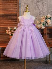 SHEIN Glamorique Kids 女童公主洋裝 網紗亮片花朵裝飾 適合婚禮、生日派對、冬季嬰兒穿著 紫色 - 紫色 - 查看 3