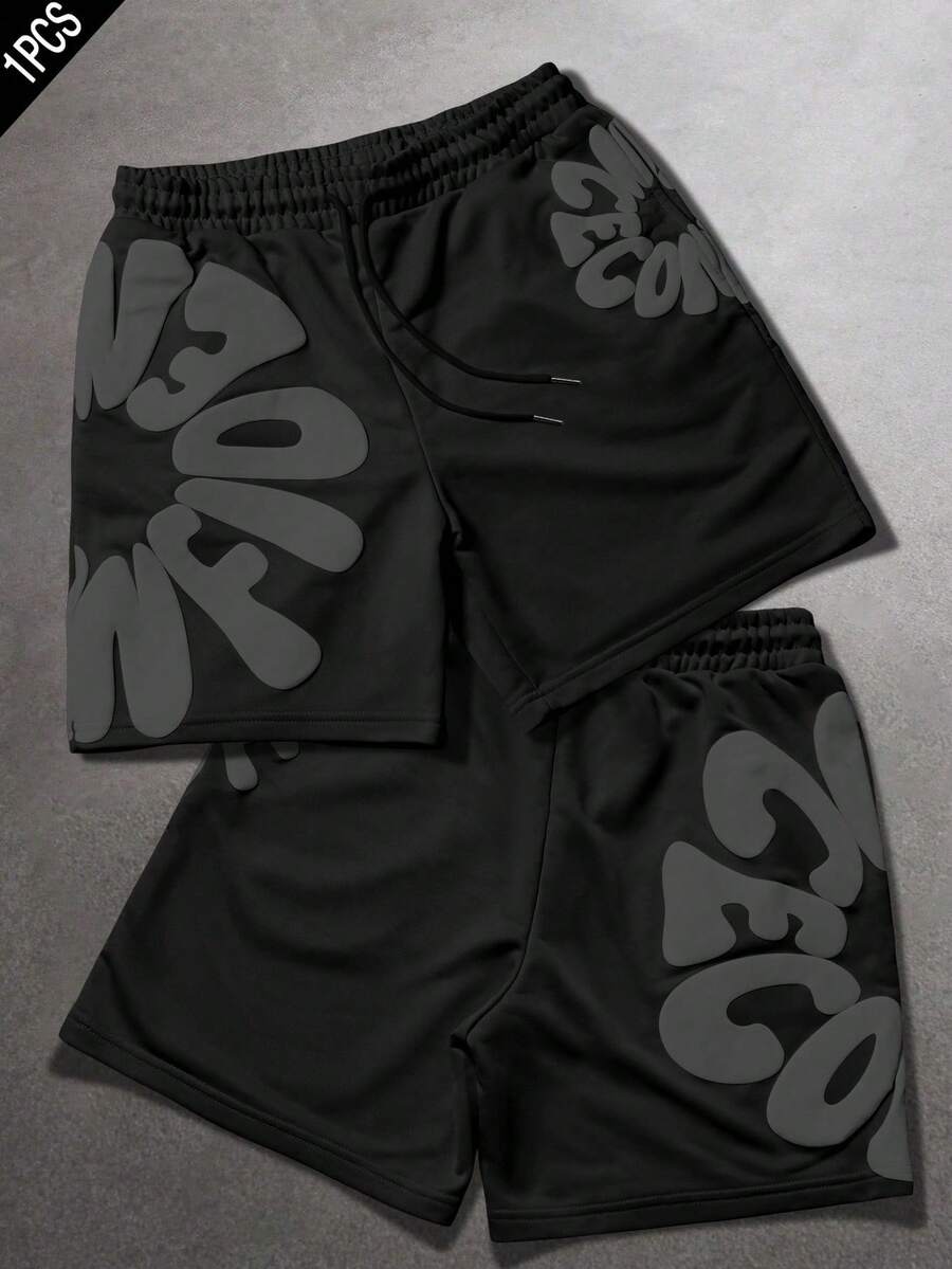 SLATEMANN Men's Summer Casual Letter Print Drawstring Waist Shorts - Black - View 1