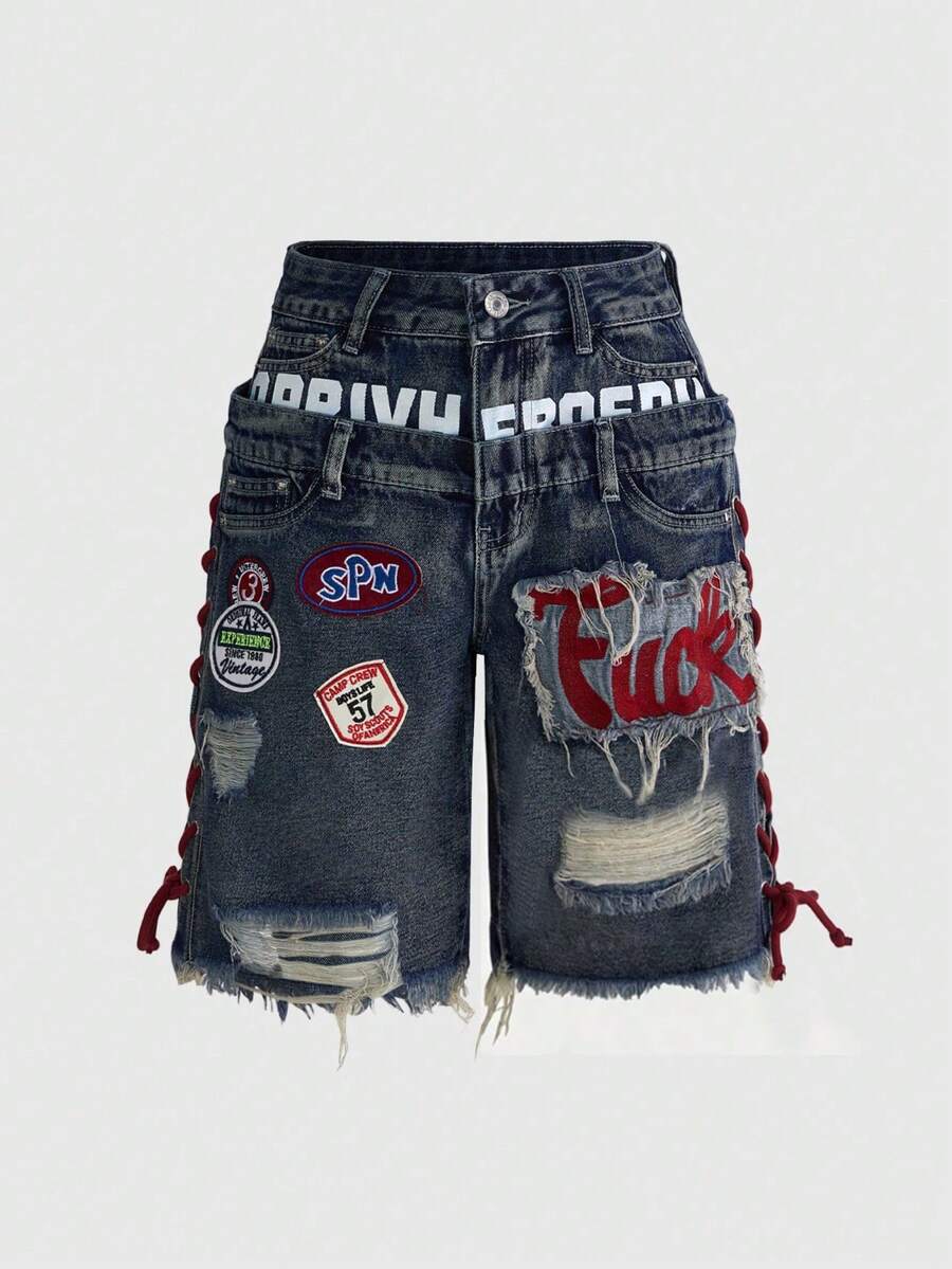 ROMWE Avant Quần short denim nữ kiểu dáng retro Y2K, chất liệu jersey, kiểu áo ba lỗ, có logo thêu, dây rút, cạp thấp, gợi cảm. - Rửa trung bình - Xem 1