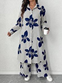 Elenzga Plus Size Digital Print Fabric Lapel Regular Long Sleeve Long Shirt And Loose Straight Leg Pants Casual Outing Commute Two Pieces Set - Multicolor - View 6