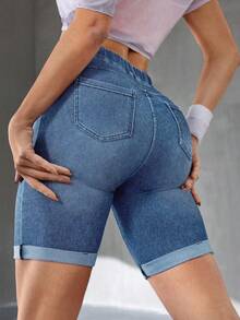 SHEIN Essnce 女款彈性修身中高腰牛仔百慕達短褲 健身藍 夏季休閒運動風 - 淺色水洗藍 - 查看 2