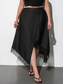 Maija Plus Size Black Elegant Sexy Skirt For Women, Autumn Vintage Asymmetrical Lace Hem Elastic Waist Skirts, Versatile Dinner Cocktail Party Wedding Guest - Black - View 4