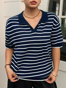 Dazy Plus Fun & Chic Commuter Colorblock Patchwork Polo Collar Casual Short Sleeve Plus Size Women Spring Summer Knit Top - Navy Blue - View 7