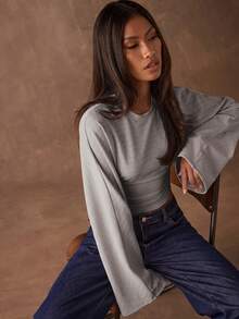 SHEIN BAE 女款純色圓領蝙蝠袖修身上衣 - 灰色 - 查看 5