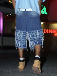 STEELVANCE American Street Style Patchwork Frayed Denim Shorts - Blue - View 2