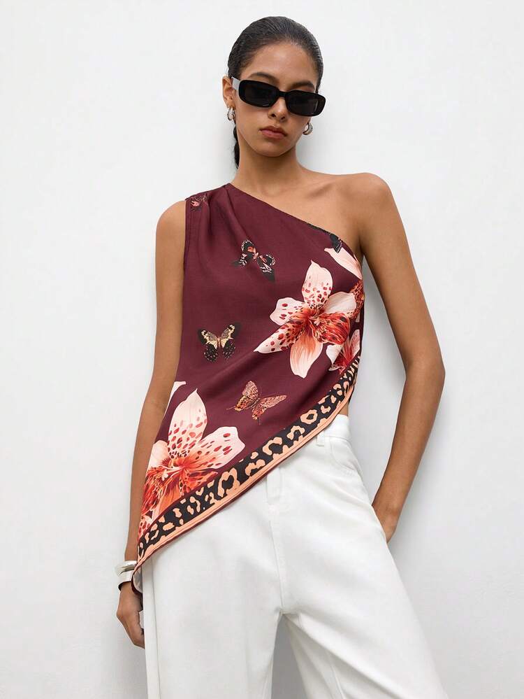 SHEIN Maija Women's One Shoulder Irregular Hem Floral Print Loose Blouse Vintage Old Money Teacher Style Romantic Fashion Versatile Summer Party Top Beach Vacation Outing Graduation Ceremony Elegant Women's Shirt Casual Shirt Formal Attire Work Office Women
