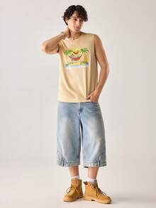 Strevion TOM & JERRY Men's Casual Versatile Beach Hammock & Coconut Tree, Tom And Jerry Element Printed Tank Top - Apricot - View 3