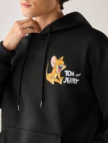 Strevion TOM & JERRY 男士休闲百搭汤姆和杰瑞元素印花连帽卫衣，秋冬款 - 黑色 - 查看 6