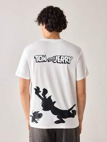 Strevion Men's Minimalist Tom & Jerry Graphic Print Round Neck Short Sleeve T-Shirt, Summer - White - View 2