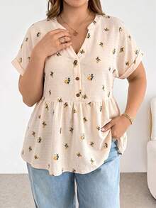 SHEIN Essnce 大码女装春夏时尚休闲宽松舒适日常百搭显瘦V领黑色碎花短袖上衣，女式衬衫，夏季服装，度假装，欧洲夏季 - 杏色 - 查看 7