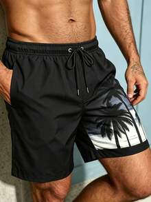 Azuldrift Men's Palm Tree Print Drawstring Waist Pocket Beach Shorts, Suitable For Summer Men Black Swim Trunks Black Swim Shorts With Palm Trees, Holiday - Black - View 4