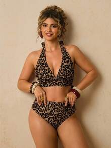Travachic Plus Size Women's Summer Beach Leopard Print Halter Neck Tie Sexy Bikini And Triangle Bottoms Two-Piece Swimsuit Set Bathing Suits For Women - Multicolor - View 6