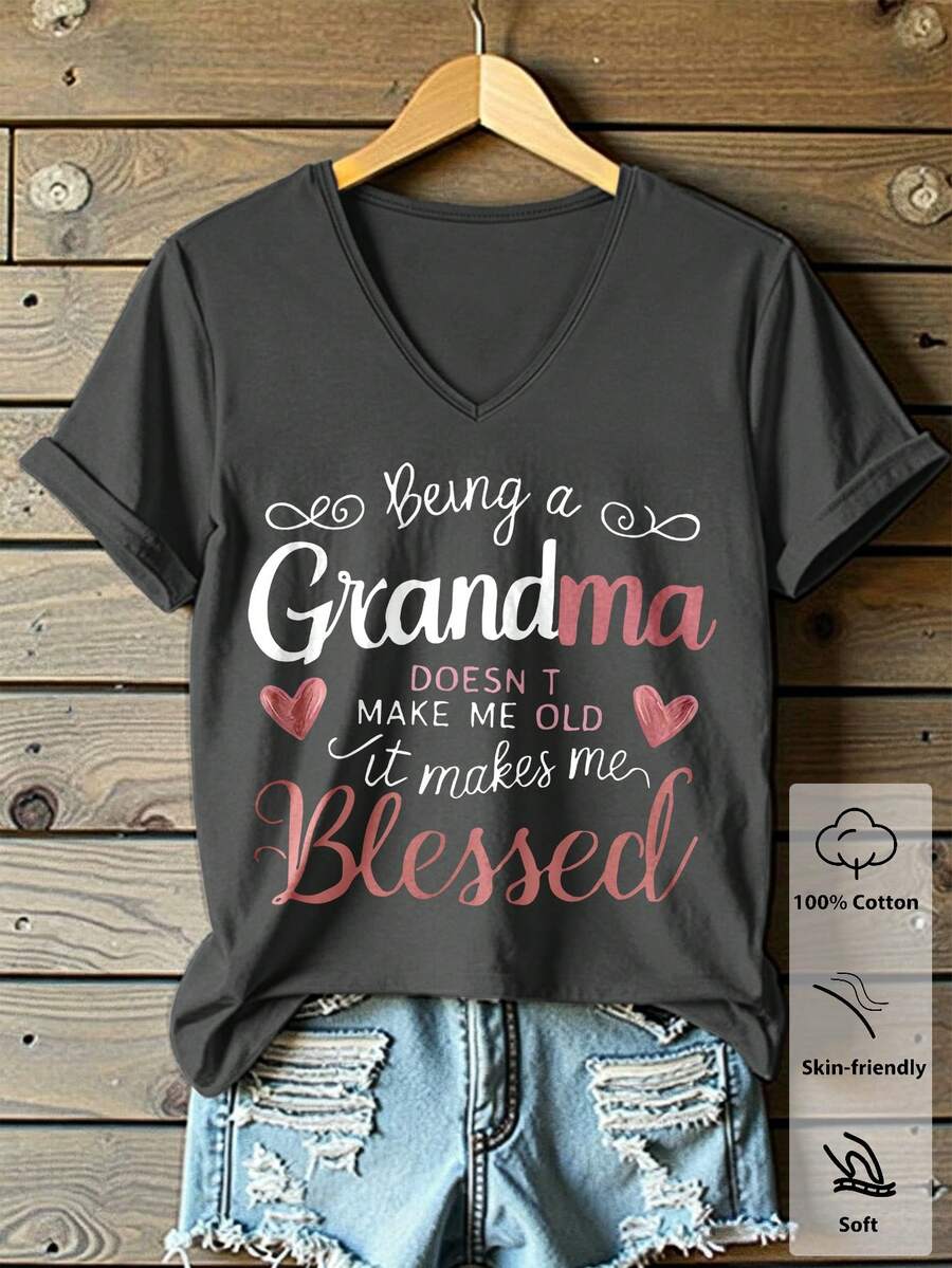 EMERY ROSE GRANDMA Slogan Graphic Cotton V-Neck Short Sleeve Casual T-Shirt, Gift For Grandma Home Grey Summer - Grey - View 1