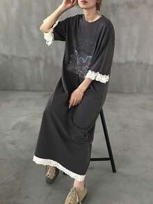 FRIFUL Women's Summer Colorblock Short Sleeve Sheer Lace Patchwork Printed Loose Casual Dress Sundress - Dark Grey - View 7