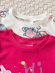 4pcs/Set Baby Girl Short Sleeve Long Pants Pink & White Knit Round Neck Rabbit & Puppy Cartoon Pattern Cute Fitted Casual Minimalist Comfortable Soft High Elasticity Loungewear Summer - Hot Pink - View 5