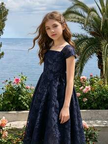 SHEIN Girls' Navy Blue Chiffon Cut-Out 3D Floral Pattern Dress, Elegant Elegant Long Dress With Side Design, Fashionable Spring/Summer Dress For Vacation, Graduation, Back To School, Wedding Season, Formal Parties And Events - Navy Blue - View 4