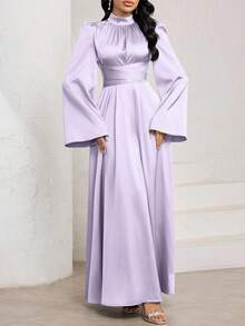 Veilorie 女士纯色优雅褶裥腰带连衣裙，晚礼服 - 淡紫色 - 查看 7