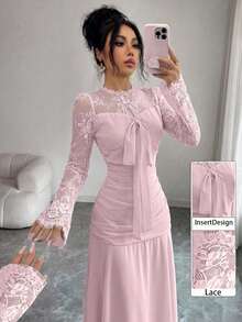Modelyn Vestido largo con diseño francés, patchwork de encaje y lazo para mujer - Rosa - Ver 7