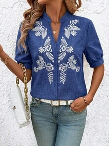 SHEIN Clasi 女款刺繡度假風鏤空V領百搭上衣 - 藍色 - 查看 6