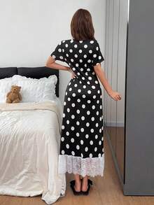 SHEIN Lace Polka Dot Print Long Short Sleeve Nightgown - Multicolor - View 2