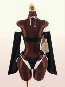 Amplova Women's Long Sleeve Color Block Swimwear, Sexy Avant-Garde Style, Suitable For Vacation And Beach Party Wear, 2 In 1 Detail Summer Black - Black and White - View 10