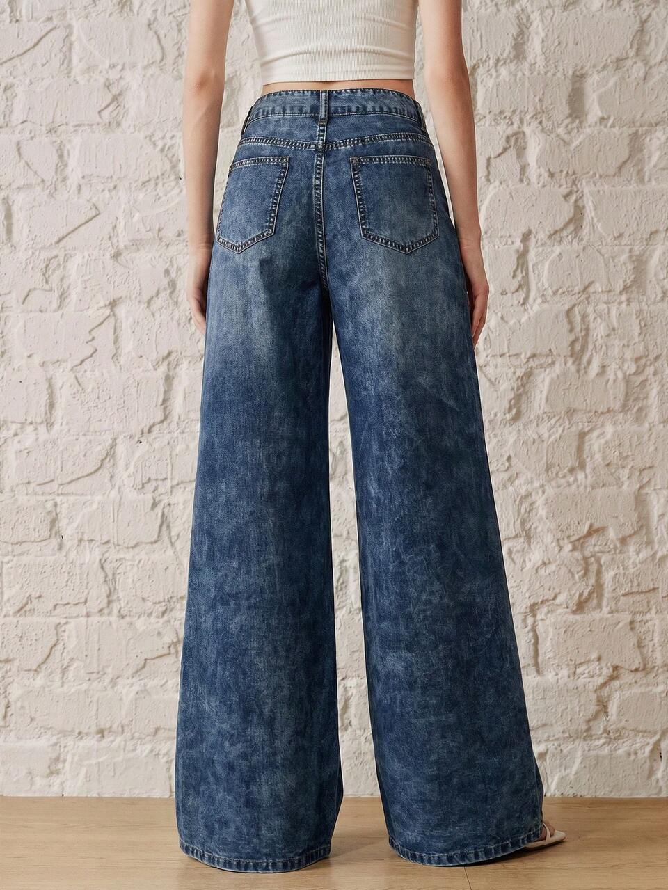 Anewsta Fashionable New Street Style Casual Women's Light Blue Denim Wide Leg Pants Everyday Night Out Summer
