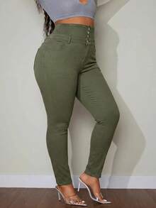 SHEIN SXY Celana Jeans Skinny Pinggang Tinggi dengan Kancing dan Kantong untuk Wanita Ukuran Plus - Hijau Tentara - View 6