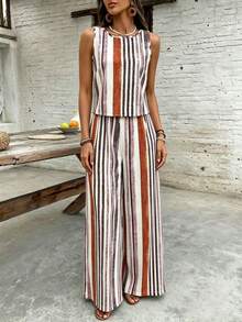 EMERY ROSE Women's Round Neck Striped Patchwork Top And Wide Leg Pants Casual 2 Pieces Set - Multicolor - View 3