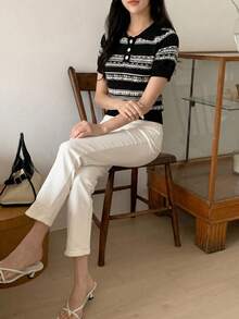 DAZY Women's Business Casual Casual Polo Collar Short Sleeve Knit Top Date Black And White Summer - Black - View 4