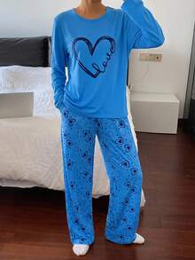 Pyjamasset i bomull för kvinnor, 2 delar, långärmad topp med kontrastfärg och slogan-text samt sovbyxor med randigt hjärtmönster, hemmakläder - Blå - Visa 4