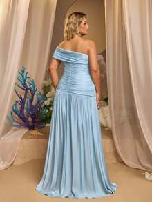 Glamrae Plus Size Elegant Romantic Light Blue Tulle & Satin One-Shoulder Rhinestone Embellished Ruched Mermaid Hem Evening Gown, Suitable For Evening Party, Ball, Vacation, Date, Wedding Event, Guest Dress - Blue - View 4