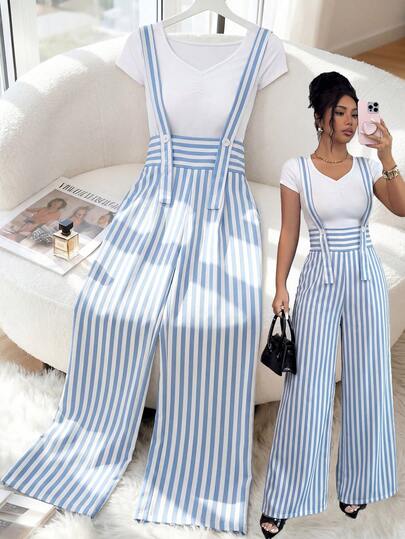 SHEIN Elenzya Mono Elegante de Cintura Alta con Rayas Azules y Blancas, Pierna Ancha, Diseño de Cintura Drapada, Estilo Casual Elegante para Ir al Trabajo, Efecto Estilizador, Atuendo para Compras, Citas, Verano, Playa y Vacaciones