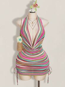 SHEIN ICON Vestido halter sexy con cuello de volantes a rayas para mujer de talla grande - Multicolor - Ver 1