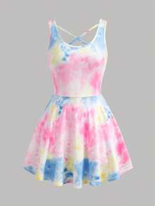 SHEIN Girlism 青少年女孩露背紮染印花瑜伽洋裝褲 防走光舞蹈服 健身運動網球套裝 肩帶鏤空背部設計 適合瑜伽、網球、高爾夫戶外運動 - 彩色 - 查看 3
