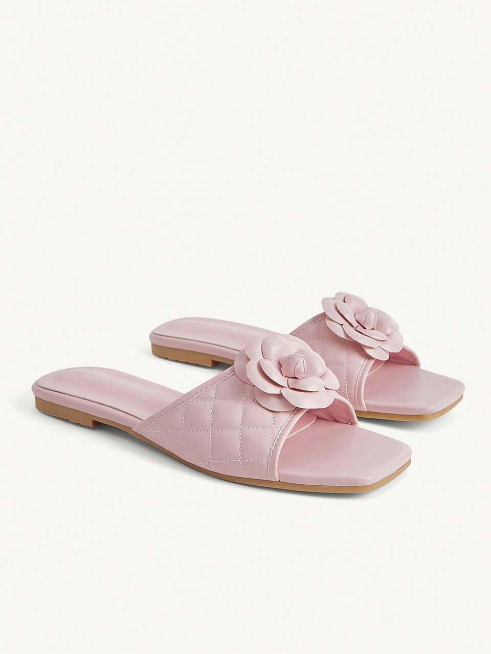 CUCCOO CHICEST Women Shoes New Summer Square Toe Pink Three-Dimensional Flower Fashionable And Elegant Flat Sandals, Suitable For Home Vacation Dating, Etc