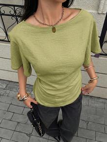 Siren Gaze Women's Textured Solid Color Casual Cinched Waist Pleated Short Sleeve Shirt - Mustard Yellow - View 3