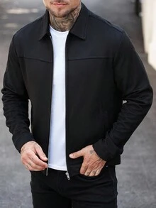 Manfinity Homme Chaqueta con cremallera y bolsillo en diagonal de manga larga para hombre, otoño - Negro - Ver 4