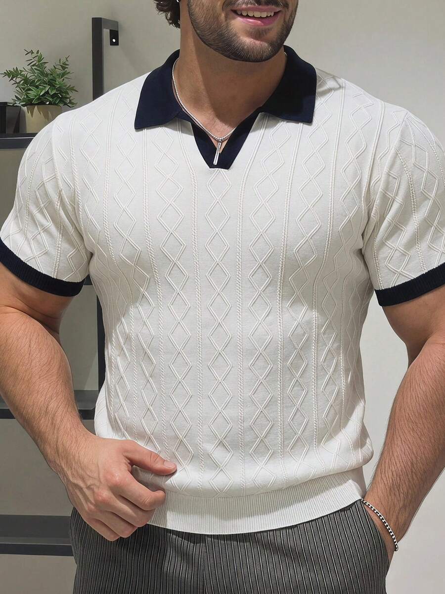 DAZY Plus Size Men's Two-Tone Color Block Ribbed Geometric Pattern Knit Top Summer - White - View 1