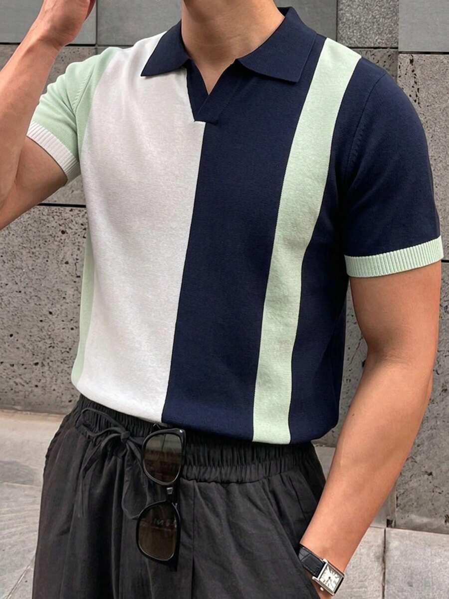 DAZY 男士 Polo 領撞色短袖時尚百搭針織上衣 夏季款 - 薄荷綠 - 查看 1