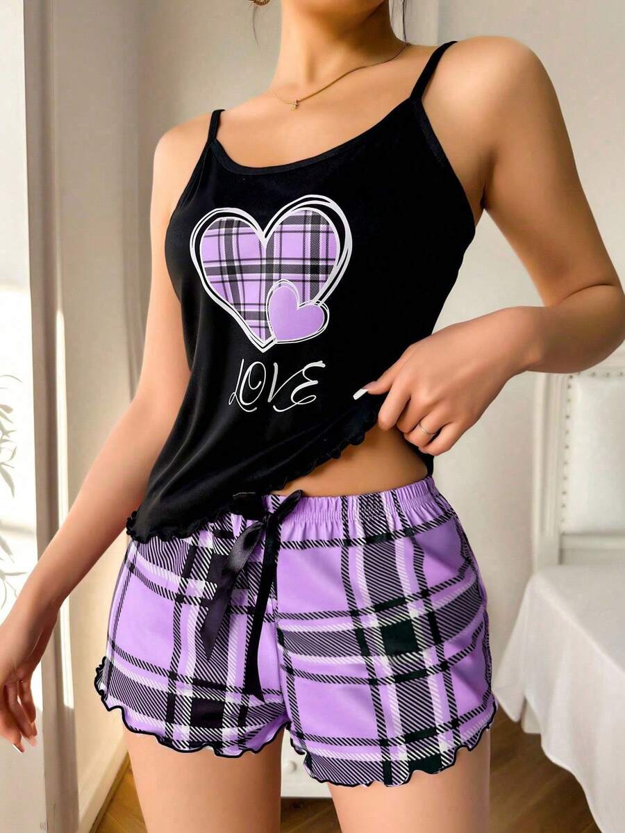 Nora Wilde Women's Heart Plaid Print Camisole And Shorts Sleepwear Set - Multicolor - View 1