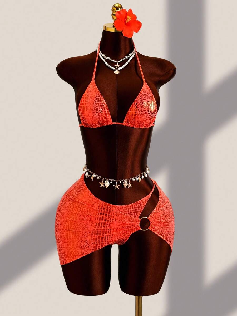 Swim SXY Conjunto de Bikini de Verano para Playa con Cuello Halter, Lentejuelas y Hebilla de Anillo - Naranja - Ver 1