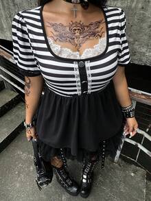Whyspr Plus Size Striped Diamond Square Neck Patchwork Contrast Color Lace Trim A-Line Short Sleeve T-Shirt Party Black And White Summer 90s - Black and White - View 6