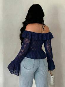 SHEIN SXY 女款海軍藍花卉夏季度假休閒優雅性感開襟荷葉邊飾長袖透視蕾絲上衣，適合夜晚外出與晚餐約會 - 藏蓝色 - 查看 2