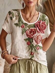 SHEIN Raffinéa 女款仿麻布杏色前領口定位印花圓領短袖上衣,女款杏色襯衫,派對上衣,女款海灘裝,女款休閒上衣,女款度假裝,女款海灘度假裝,夏季假期裝,女款通勤裝,夏季上衣,女款春季裝,內搭上衣夏季服飾,女款優雅上衣,女款工作上衣,女款辦公室裝,社交上衣/職場上衣,女款辦公室裝,適合春季/夏季 - 粉色 - 查看 4