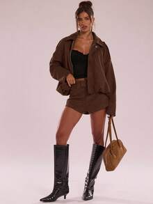 SHEIN BAE Women's Brown Striped Jacket For Autumn And Winter, Suitable For Casual Commuting And Street Style. This Autumn Jacket Is A Brown Striped Coat, A Casu - Brown - View 5